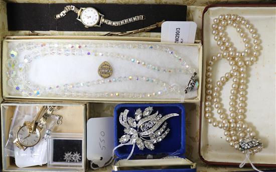 A 9ct gold-cased Accurist wristwatch, a Majex watch, Swarovski crystal bead necklace and sundry silver and costume jewellery